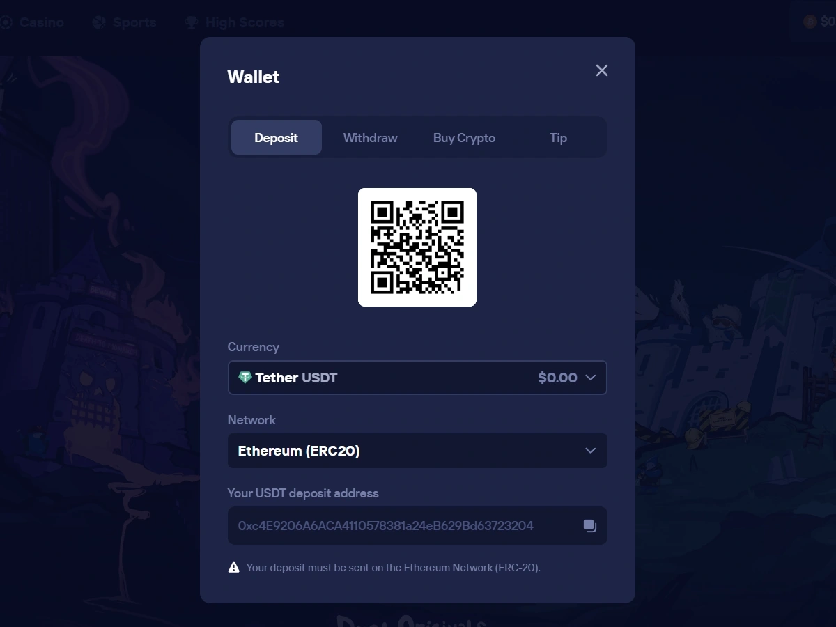 Fenêtre de dépôt crypto avec QR code et adresse USDT sur réseau Ethereum ERC20